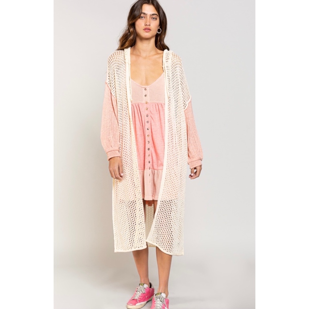 POL Pink Salt & Cream Open Weave Hooded Summer Cardigan - Picture 2 of 6